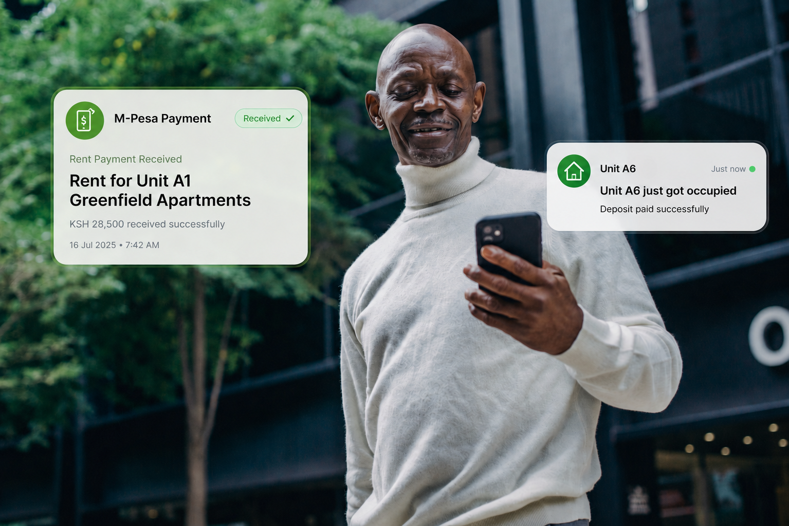 A Nairobi landlord checks his phone as Swyft confirms an M-Pesa rent payment and a newly occupied unit